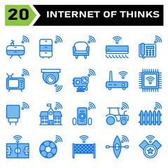 Internet of things icon set include cabinet, furniture, internet of things, sofa, couch, air conditioner, telephone, television, camera, action camera, router, processor, charger, port,school,building