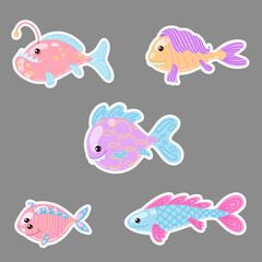 Five different cartoon styled fishes sticker set