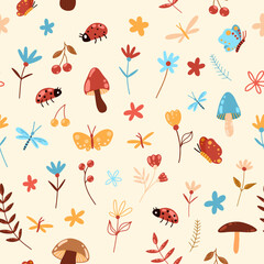 Obraz na płótnie Canvas Different nature elements pattern with mushrooms, berries, ladybugs, flowers, butterflies, leaves and stems