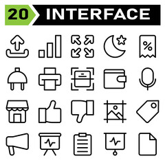 User interface icon set include upload, sign, element, user interface, application, signal, barr, full screen, user interaction, arrows, night, mode, moon, star, app, discount, voucher, e commerce