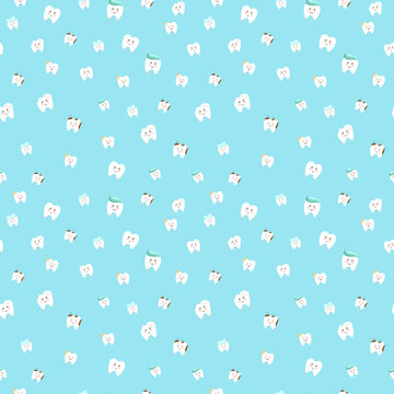 Tooth character seamless pattern on blue background