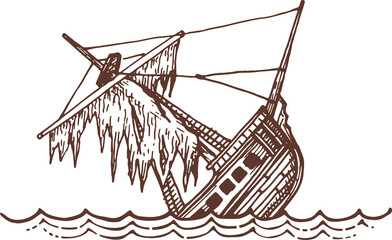 Failure of sunken sailing boat. Sea ship shipwreck - obrazy, fototapety, plakaty