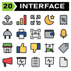 User interface icon set include upload, sign, element, user interface, application, signal, barr, full screen, user interaction, arrows, night, mode, moon, star, app, discount, voucher, e commerce
