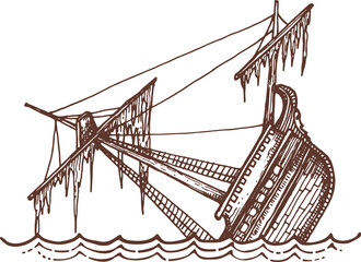 Disaster on sea retro sunken sailing ship in water