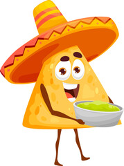 Nachos cartoon character with bowl salsa verde