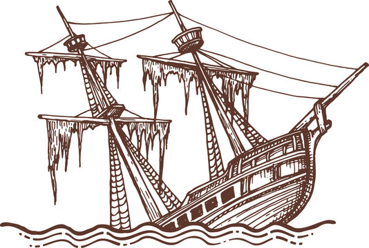 Sunken sailing boat in sea, shipwreck broken ship
