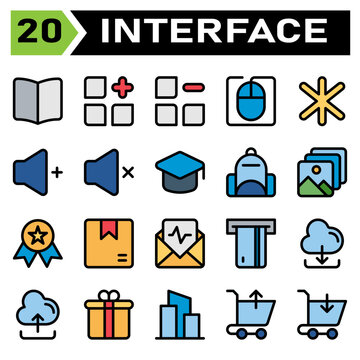 User interface icon set include book, guide, manual, read, instruction, menu, add, new, apps, category, remove, delete, mouse, computer, cursor, user interface, asterisk, multiple, star, favorite