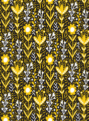 Abstract Hand Drawing Vintage Authentic Ethnic Folk Ditsy Flowers Leaves and Dashed Lines Dots Seamless Vector Pattern Isolated Background