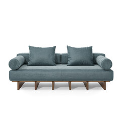 Modern double Sofa made of gree-blue velvet and ash massive with square and cylindrical pillows, 3d rendering