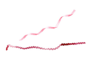 Watercolour illustration of waving pink color ribbons. Hand drawn graphic painting on transparent background. Isolated elements for design.