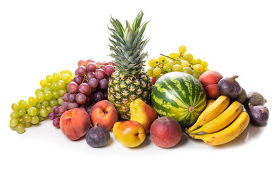 Pineapple, watermelon, grapes, peaches, pears, figs, tangerines, bananas on a white background. Isolate