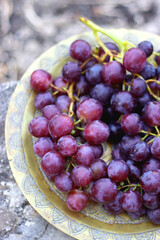 Vintage brass plate filled with fresh red grapes, served outside. Selective focus.