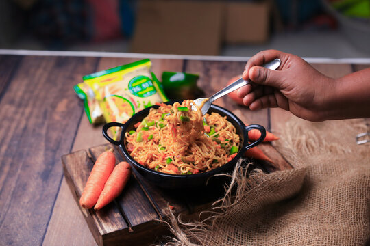 Masala Maggi Noodles,instant Maggi Noodles Served In A Bowl Closeup With Selective Focus And Blur