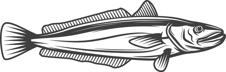 Cod or hake saltwater fish isolate monochrome icon