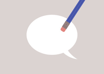 Pencil erasing a comic bubble, a free speech violation, woke culture and censorship