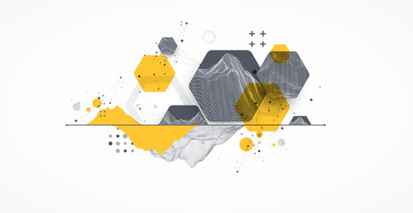 Modern science technology abstract background using hexagonal shapes. Wireframe spot surface illustration. Vector. © Alex