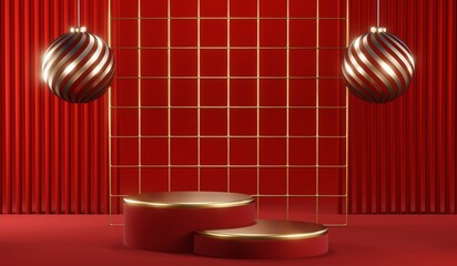 3D rendering of blank product background for cream cosmetics Modern red podium background