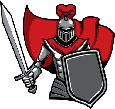 Medieval knight in armour and red cape vector icon