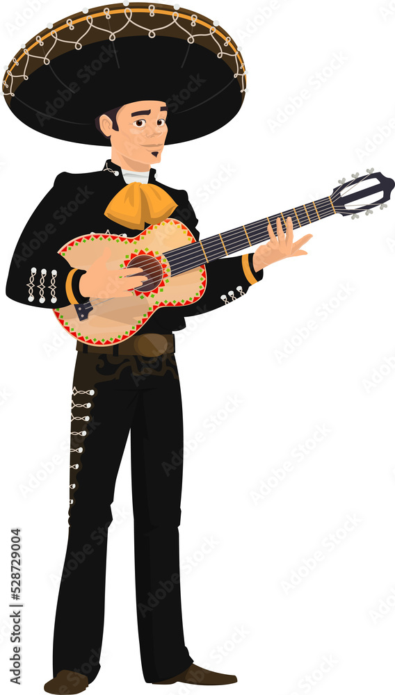 Poster mariachi musician in sombrero hat playing guitar