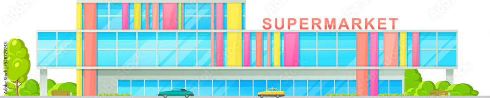 Poster supermarket building and store mall flat icon