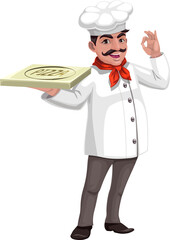 Pizza and pizzaiolo chef man, pizzeria fast food