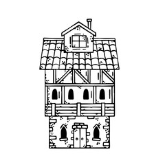 Medieval house. Village building. Old house with chimney.