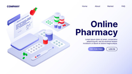 Fototapeta premium Online Pharmacy Website. Landing Page Illustration. Vector illustration