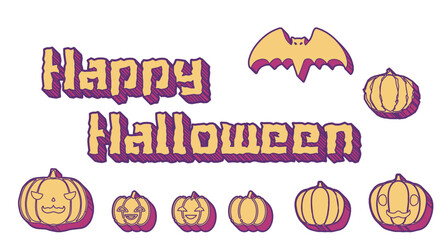 Happy Halloweenの文字やジャックオランタンのイラスト素材セット