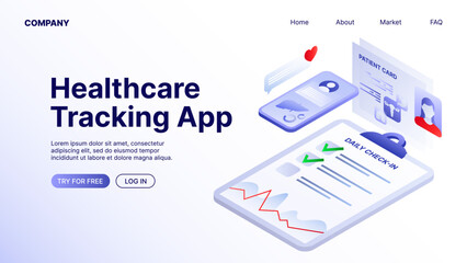 Healthcare Tracking App. Web Landing Page Template. . Vector illustration