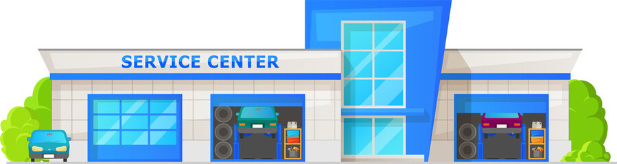 Service center building, cars in garage station