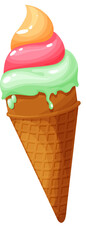 Fruity three color ice cream in waffle cone, food