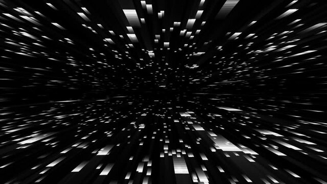 Camera travelling in futuristic retro cyberspace made of flying horizontal white square pixel trails, big data information concept, 4k abstract motion looping background 
