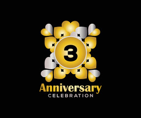 3 Years Anniversary Day. Company Or Wedding Used Card Or Banner Logo. Gold Or Silver Color Mixed Design