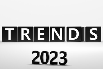 TRENDS 2023. The word TRENDS for 2023 is not on a white background. Market research, novelties, consumerism. 3D render.