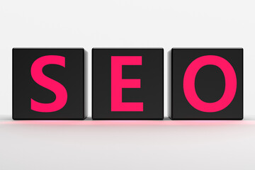 SEO concept on cubes on a white background. The letters SEO are red, glowing. Search engine optimization. A set of measures to improve the site and its ranking in search engines. 3D render.