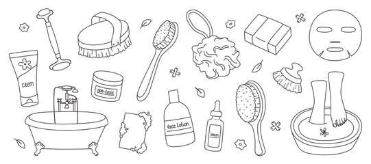 Contour set, body care. Monochrome icons, the concept of hygiene, skin care, spa.
