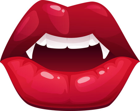 Vampire mouth with fangs, red lips vector icon