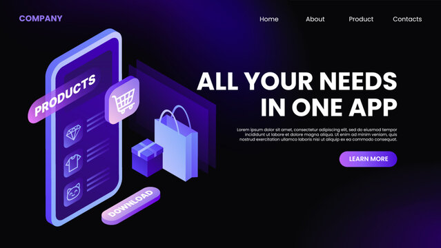 All Needs in one App. Online Shopping Website. Landing Page Template. Vector illustration