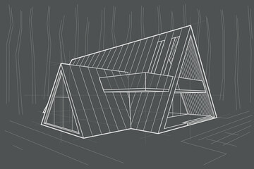 Linear architectural sketch residental building - triangle forest cottage on gray background