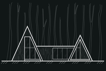 Linear architectural front sketch residental building - scandinavian style forest cottage on black background