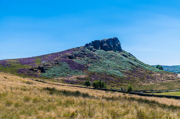 A view from the base of the Roaches escarpment towards Hen Cloud hill, Staffordshire, UK in summertime
