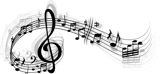 Music wave, musical notes, bass and treble clef