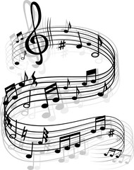 Music wave, vector musical notes, melody swirl