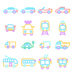 Car Transport Neon Icons Isolated. Vector Illustration of Glowing Bright Led Lamp over White Symbols.