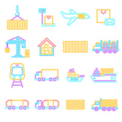 Obraz premium Cargo Express Neon Icons Isolated. Vector Illustration of Glowing Bright Led Lamp over White Symbols.