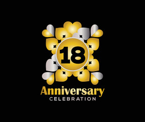 18 Years Anniversary Day. Company Or Wedding Used Card Or Banner Logo. Gold Or Silver Color Mixed Design