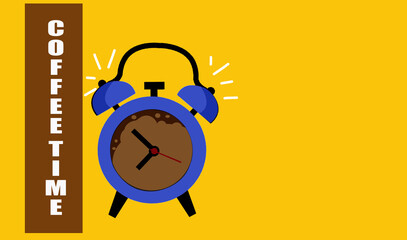 Lettering coffee time and alarm clock in the morning concept ,  drawing of coffee cup time clock concept design on yellow background.Time to relax and cheer up.