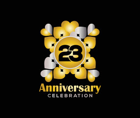 23 Years Anniversary Day. Company Or Wedding Used Card Or Banner Logo. Gold Or Silver Color Mixed Design
