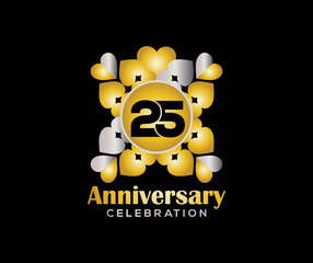25 Years Anniversary Day. Company Or Wedding Used Card Or Banner Logo. Gold Or Silver Color Mixed Design