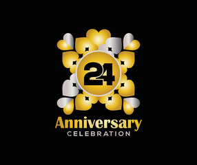 24 Years Anniversary Day. Company Or Wedding Used Card Or Banner Logo. Gold Or Silver Color Mixed Design